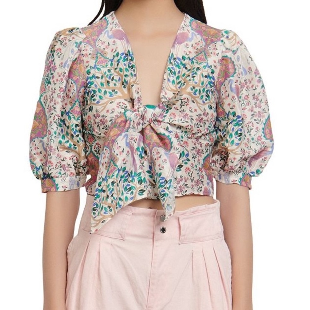 Sandro Paris Iram floral linen puff sleeve blouse top